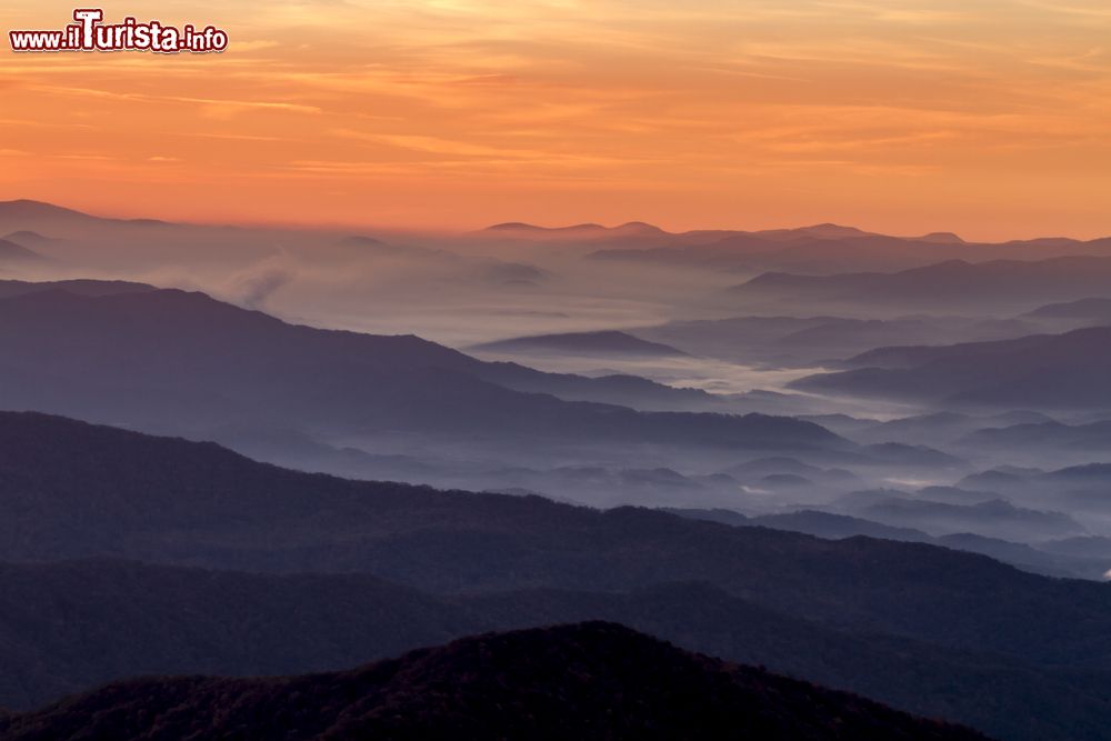 Immagine Una pittoresca alba con le motagne di sfondo sul Clingmans Dome, Great Smoky Mountains National Park (USA). Con i suoi 2025 metri, è la più alta delle Smokies oltre che il punto più elevato dello stato del Tennessee.