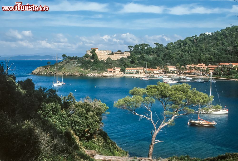 Immagine Il pittoresco porticcolo di Port Cros, Costa Azzurra, Francia. Quest'isola francese del Mar Mediterraneo deve il proprio nome al piccolo porto che si trova sull'isola che ha si presenta con la forma di una croce.