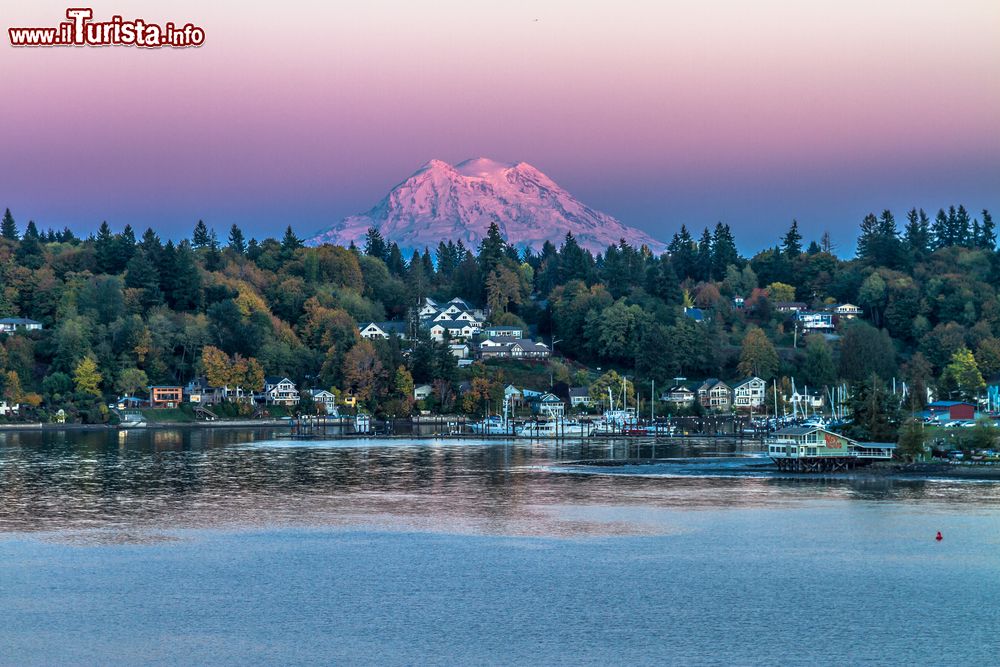 Immagine Riflessi color rosa sul monte Rainier nei pressi di Olympia, Washington, Stati Uniti.