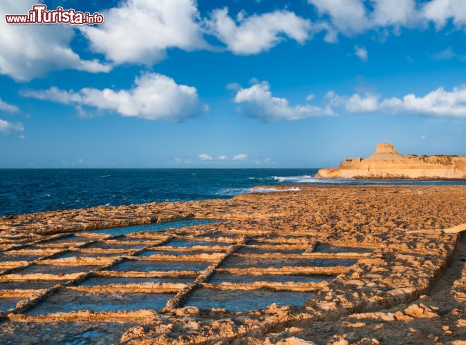 Immagine Le saline di Xwejni a Zebbug, Gozo (Malta) - Per accedere a questo scenario meraviglioso bisogna intraprendete la parte più nord dell'isola di Gozo, nella zona di Marsalforn. Come si può vedere dalla fotografia la scogliera calcarea ha permesso di scavare e ricavare le saline, che assomigliano a tanti vasconi quadrati dedicati alla raccolta del sale. Nonostante l'estrazione di questo ingrediente risalga ai tempi dei greci e dei romani, quindi rappresenta una pratica piuttosto datata, ancora oggi nell'attualità nel mese di giugno e ad agosto la comunità maltese continua la tradizione, dando un valore ancora più significativo a queste meravigliose saline - © anyaivanova / Shutterstock.com