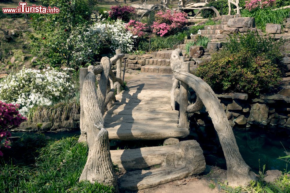Immagine Scale e ponte in legno su un ruscello nel parco Old Mill di Little Rock, Arkansas (USA).