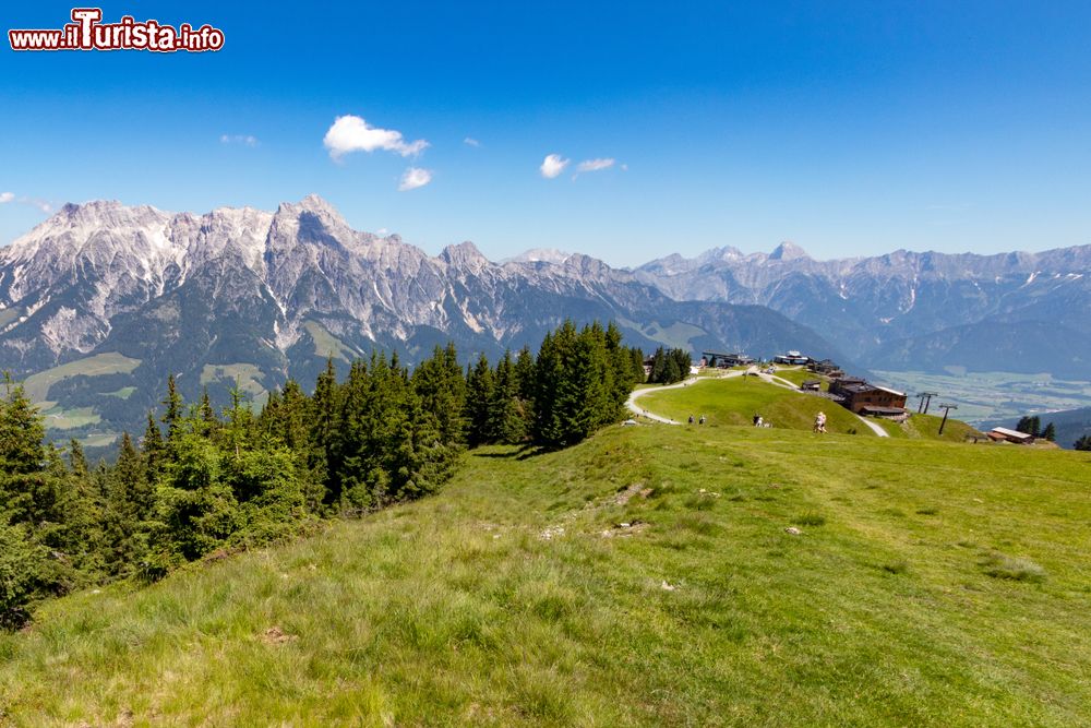 Immagine Scenario alpino estivo a Leogang, Austria: prati, foreste e le Alpi sullo sfondo.