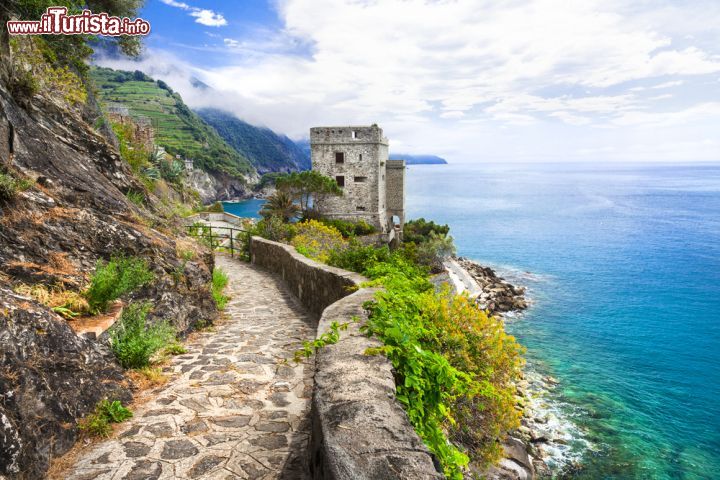 Immagine Scorcio panoramico di Monterosso al Mare, Liguria, Italia - Questo antico borgo della riviera di Levante costituisce la più occidentale delle Cinque Terre. Passeggiando lungo il sentiero che percorre la cittadina lungo la costa si può ammirare il suggestivo paesaggio che lo circonda e che lo include nello splendido Parco Nazionale delle Cinque Terre. QUesti sono i luoghi magici che hanno ispirato il poeta Eugenio Montale, e il borgo ospita la casa in cui visse il poeta ligure. - © leoks / Shutterstock.com