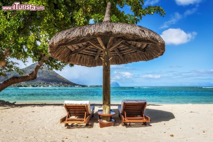 Immagine Sdraio e ombrelloni sulla spiaggia tropicale, isola di Mauritius - Relax in spiaggia con sdraio e ombrellone di paglia: le acque calde e trasparenti dell'Oceano Indiano e la vegetazione di questo angolo di paradiso sono la perfetta cornice per una vacanza rilassante ma adatta anche per praticare gli sport acquatici © tobago77 / Shutterstock.com