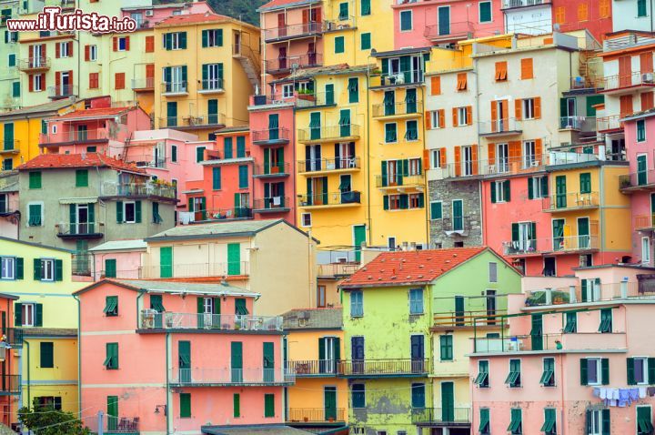 Immagine Tradizionali abitazioni colorate di Manarola, Cinque Terre, Liguria. Un particolare del borgo ligure caratterizzato da case torre con le facciate dalle tante sfumature pastello.