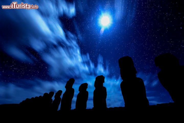 Immagine Silhouette by night delle statue Moai sull'isola di Pasqua, Cile. Questi grandi busti variano di dimensione fra i 5 e i 10 metri di altezza  - © 192942389 / Shutterstock.com