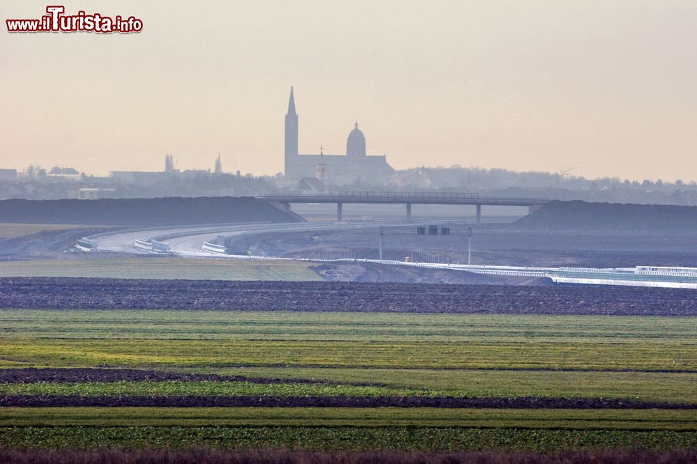 Immagine Silhouette della città di Dakovo, Croazia, vista da un campo coltivato. Il territorio cittadino si estende su un'area di circa 170 chilometri quadrati e conta una popolazione di oltre 30 mila abitanti.