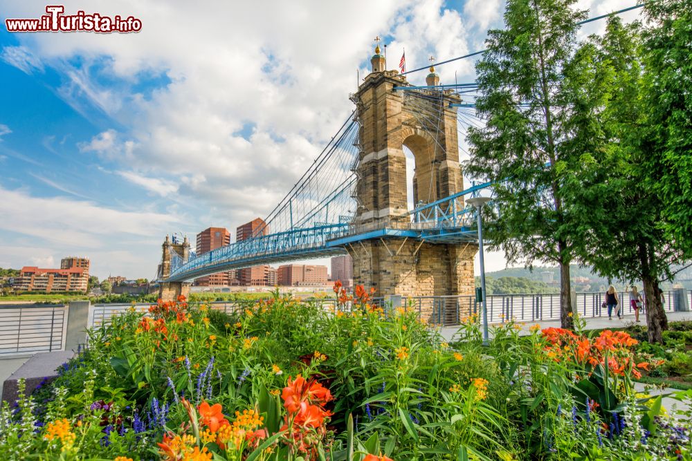 Immagine Smale Riverfront Park a Cincinnati, Ohio, nei pressi del John A Roebling Suspension Bridge (USA). Questo spazio verde sulla riva nord del fiume Ohio ha ampi prati e sentieri fra i giardini.