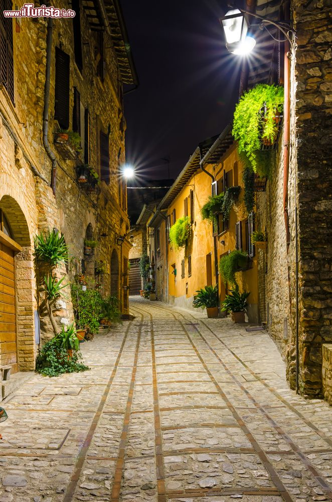 Immagine Una strada acciottolata del borgo di Spello in Umbria, fotografata di notte