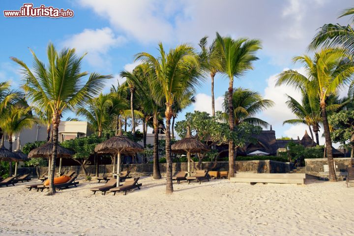 Immagine Spiaggia di Belle Mare all'alba, Mauritius - Palme, ombrelloni e sdraio su un tratto di spiaggia a Belle Mare: al sorgere del sole il panorama di cui si può godere assume tonalità ancora più luminose © hanmon / Shutterstock.com