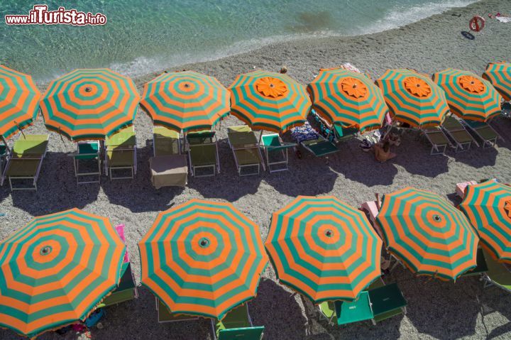 Immagine Spiaggia di Monterosso al Mare, Liguria, Italia - Ombrelloni e sdraio sulla spiaggia di Monterosso, "Monterusso" in ligure, comune italiano di circa 1.500 abitanti della provincia de La Spezia. Questa località fa parte delle Cinque Terre ed è la più popolosa fra tutte © ELEPHOTOS / Shutterstock.com