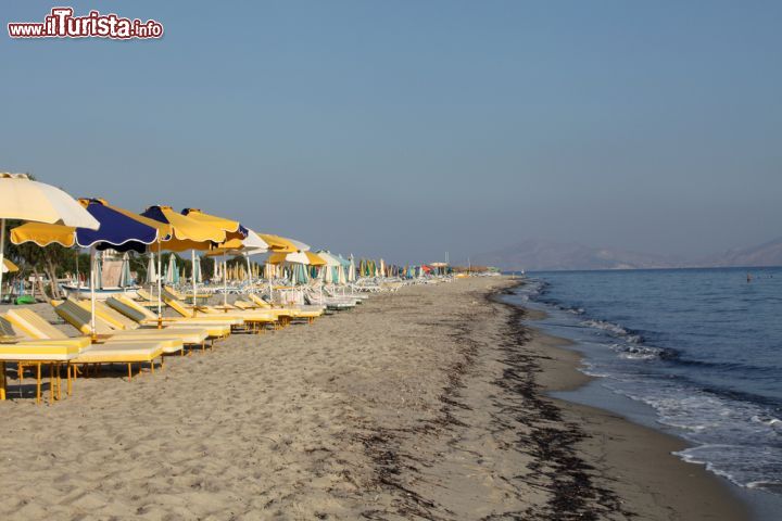 Immagine Lettini e ombrelloni sulla spiaggia di Tigaki a Kos, Grecia. Grazie ad una leggera brezza marina, questa località è perfetta per praticare surf, sci d'acqua e vela - © wjarek / Shutterstock.com