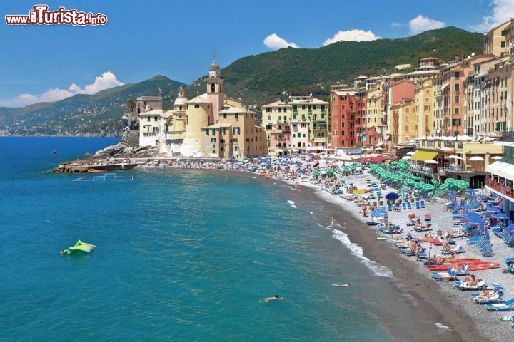 Immagine La spiaggia di Camogli e il promontorio di Portofino: uno spettacolo inimitabile - la Basilica di Santa Maria Assunta domina la scena di Camogli, una scena a dir poco mozzafiato in cui i protagonisti sono il Mar Ligure, le colorate case del borgo marinaro e la natura rigorgliosa del promontorio di Portofino, di cui Camogli occupa la vallata ovest.  - © florinstana / Shutterstock.com