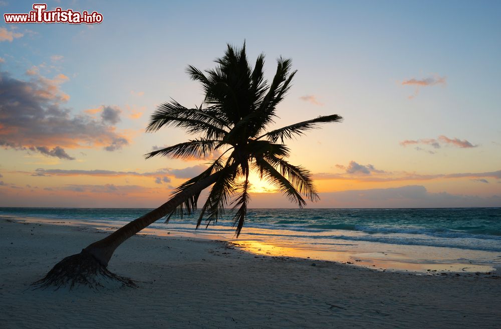 Immagine Splendida alba sulla spiaggia di Tulum, Messico. Sabbia bianca, mare dal tipico azzurro caraibico e rovine pittoresche che si affacciano sull'acqua: siamo su una delle più belle spiagge del continente americano.