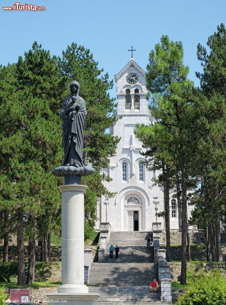 Immagine La statua della Vergine Maria e del Bambino Gesù con la cattedrale di San Basilio di Ostrog sullo sfondo, Niksic, Montenegro - © ollirg / Shutterstock.com