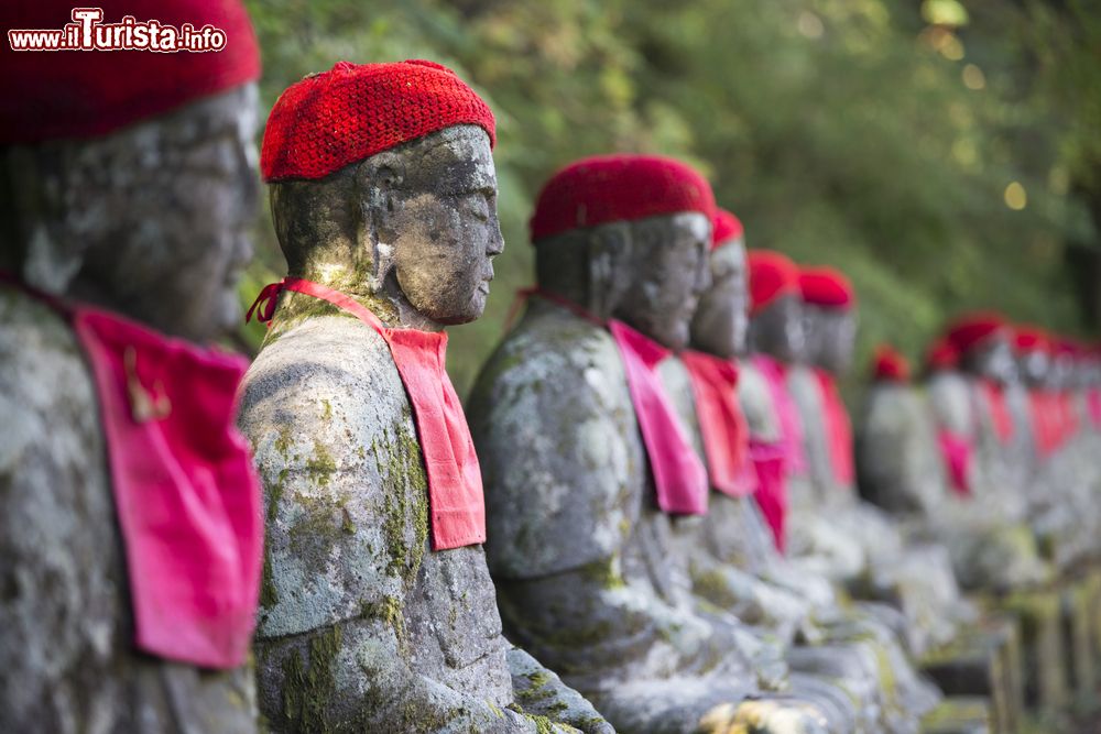 Immagine Statue di Jizo al Kanmangafuchi Abyss, Nikko, Giappone. L'abisso di Kanmangafuchi fu formato da un'eruzione del monte Nantai: è una suggestiva gola, situata nei pressi del centro della cittadina, che può essere visitata attraverso un sentieri lungo il fiume. Questa località è nota anche per le 70 statue in pietra di Jizo, un Bodhisattva che si prendeva cura dei defunti.