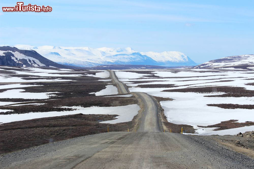 Immagine Una strada attraversa il territorio selvaggio dell'Islanda, in direzione di Husavik.