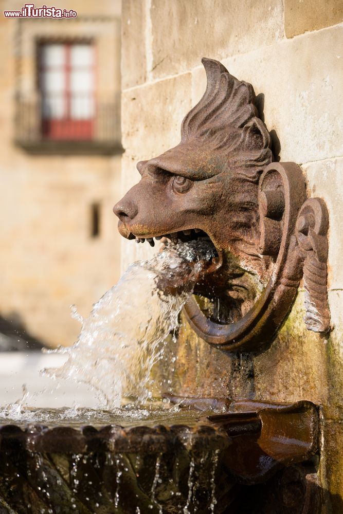 Immagine Testa di leone nel monumento a Don Pelayo con il palazzo di Revillagigedo sullo sfondo: siamo in piazza Mayor a Gijon, Asturie.