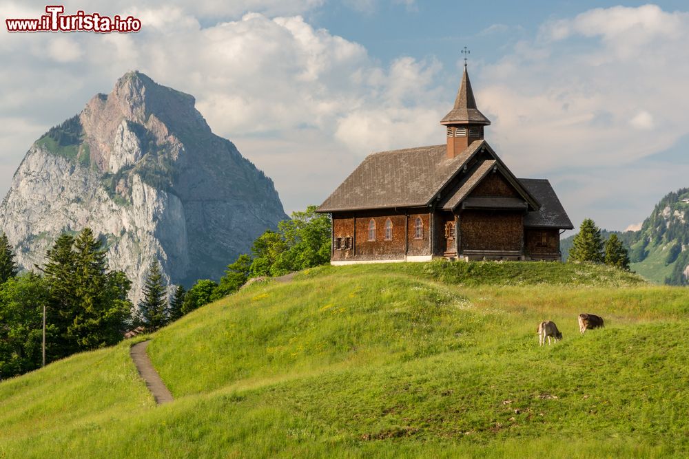 Immagine Tipico paesaggio svizzero: veduta della vetta Grosser Mythen dal villaggio di Stoos. Attorno a questo monte si snodano spettacolari sentieri escursionistici che attraversano il paradiso naturale offerto dalle Prealpi svizzere.
