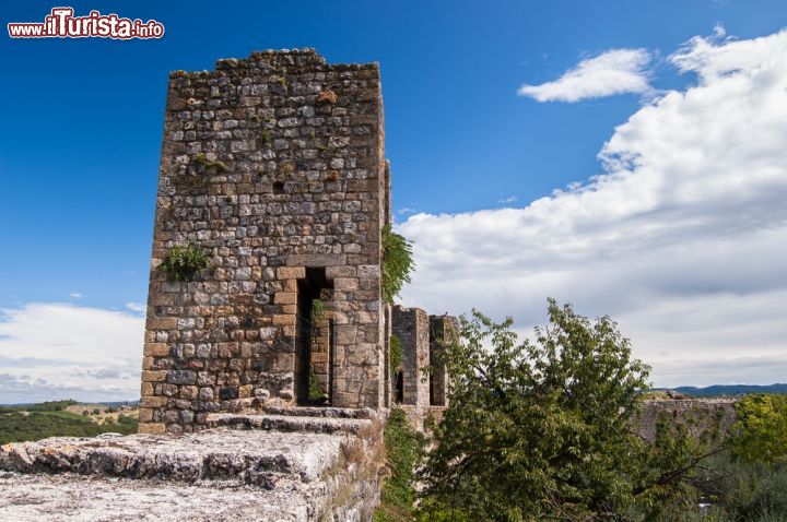 Immagine La torre sulle mura del Borgo di Monteriggioni - Così come tutta la fortificazione venne costruita soprattutto per motivi di difesa militari, così anche la torre ebbe lo scopo di posizionare gli arceri e le vedette, per segnalare eventuali attacchi da parte dei nemici (soprattutto i fiorentini, rivali per eccellenza nel '200). Infatti, in alto, la merlettatura tipica delle costruzioni difensive, si può ancora vedere come si nota dall'immagine. Misurano 6 metri circa in altezza per 4 in larghezza. Anche se il tempo ha smussato qualche carattere identitario, non l'ha tolto del tutto - © kozer / Shutterstock.com