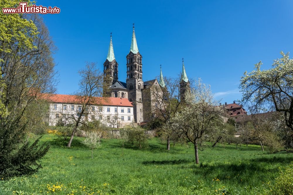 Immagine Torri della cattedrale viste da un area verde di Bamberga, Germania.