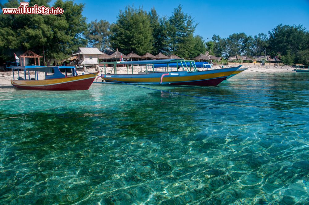 Immagine Tradizionali barche per turisti ormeggiate sulla spiaggia di Gili Air, Indonesia.