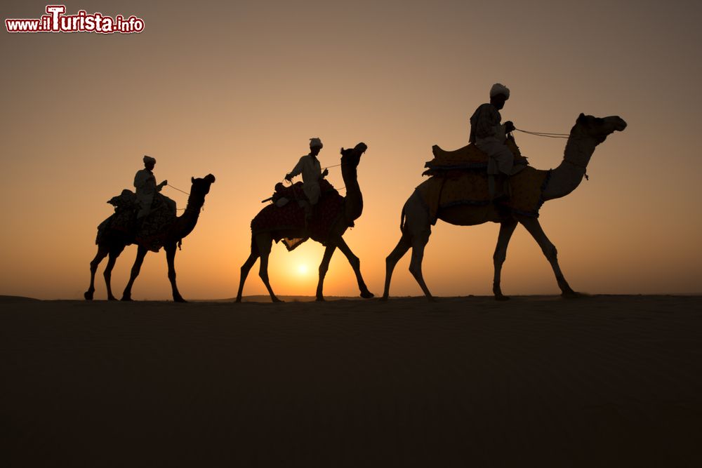 Immagine Tre uomini con dromedario nelle dune del deserto di Thar al tramonto, Jaisalmer, India.