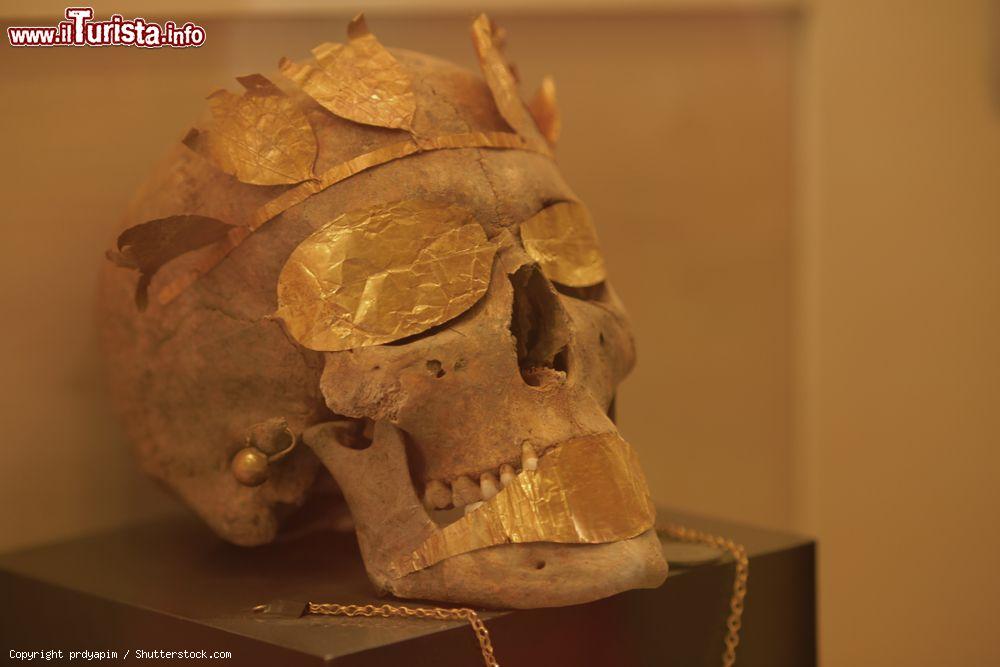 Immagine Un antico cranio con decorazioni a foglie d'oro al Museo Archeologico di Amasya, Turchia - © prdyapim / Shutterstock.com