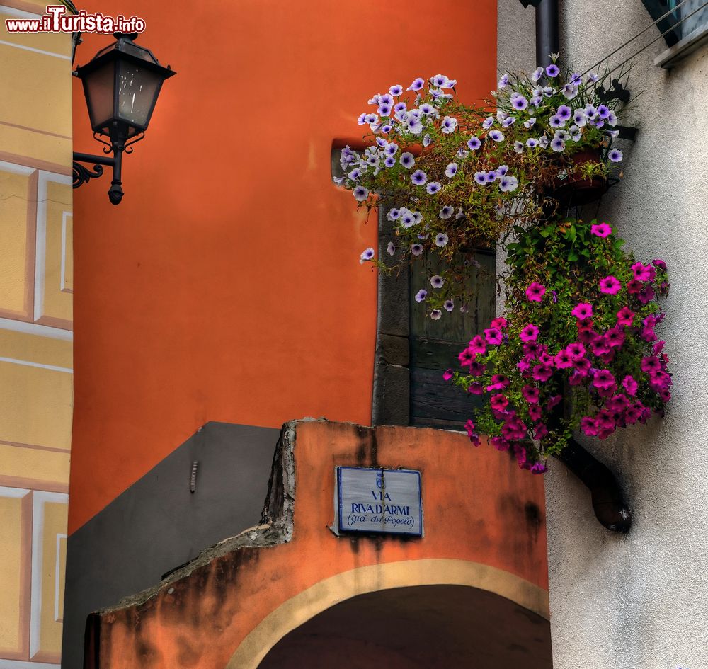 Immagine Un caratteristico angolo del centro di Brugnato, La Spezia, Italia. Fiori dai colori vivaci rendono ancora più grazioso questo scorcio panoramico del centro cittadino.