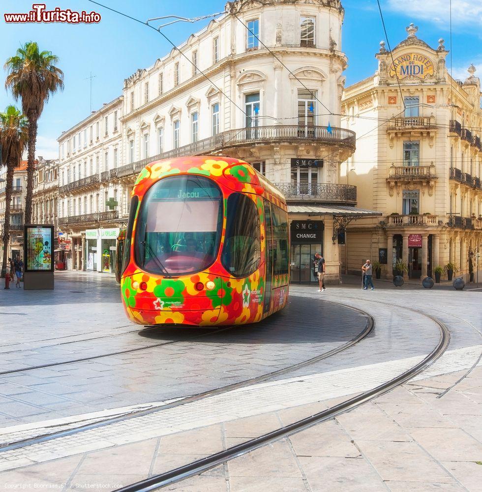 Immagine Un caratteristico tram multicolore a Montpellier, Francia: la città ha 4 linee di tram e 84 stazioni - © Bborriss.67 / Shutterstock.com