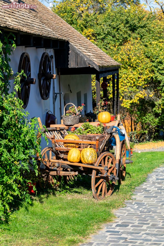 Immagine Un carretto in legno con fiori e zucche nel villaggio di Holloko, Ungheria.