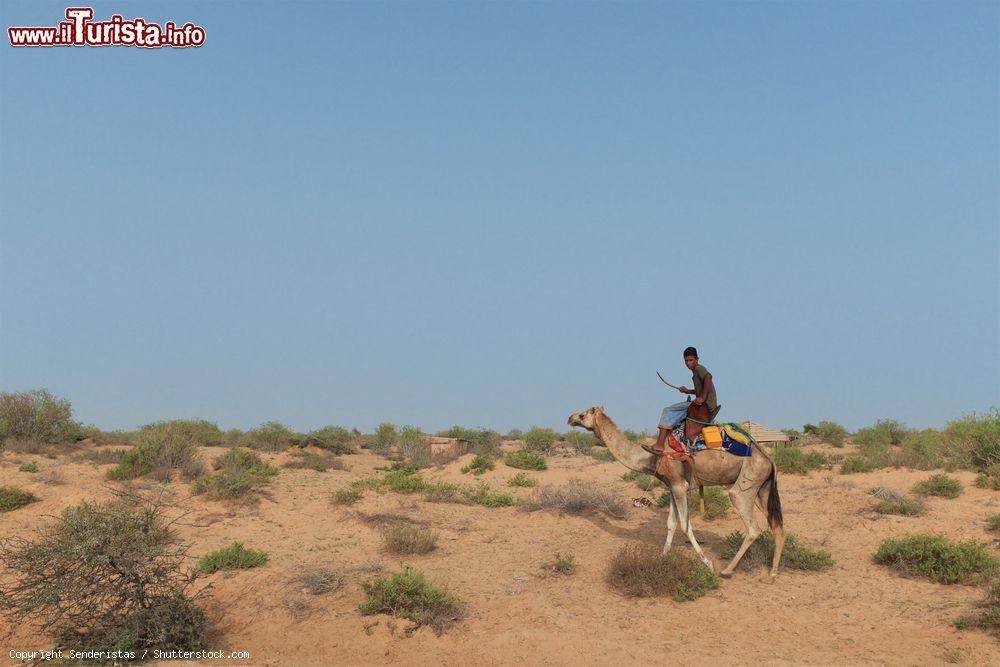 Immagine Un giovane mauritano cavalca un dromedario nel deserto poco fuori Nouakchott - © Senderistas / Shutterstock.com
