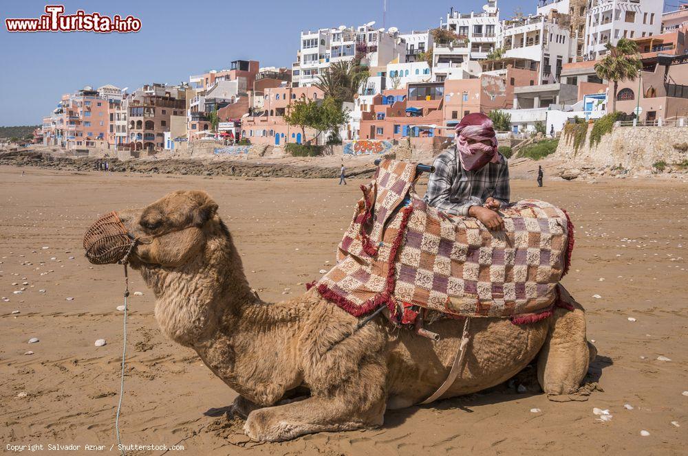 Immagine Un giovane uomo con il suo dromedario sulla spiaggia di Taghazout, Marocco. Sullo sfondo, le case del vecchio villaggio di pescatori - © Salvador Aznar / Shutterstock.com