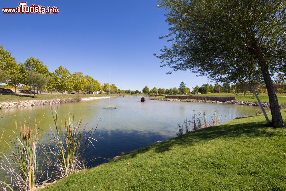 Immagine Un laghetto con parco e fontana nella cittadina di Valdeluz nei pressi di Guadalajara, Spagna.