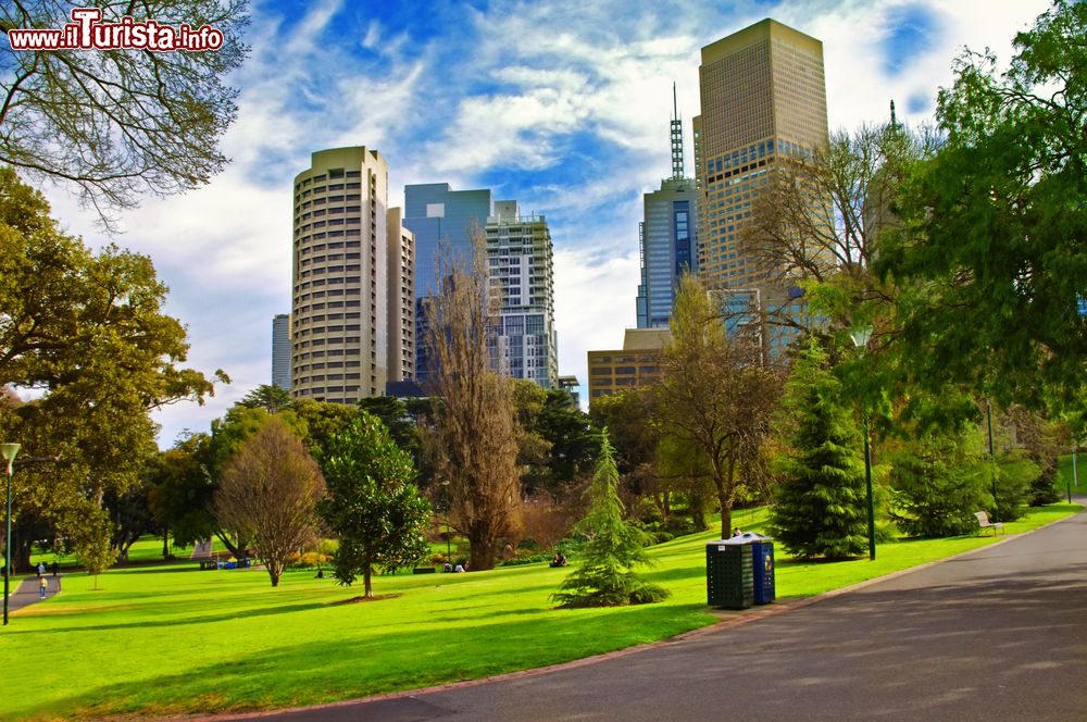 Immagine Un parco cittadino in una giornata di sole a Melbourne, Australia. Sullo sfondo, alcuni grattacieli.