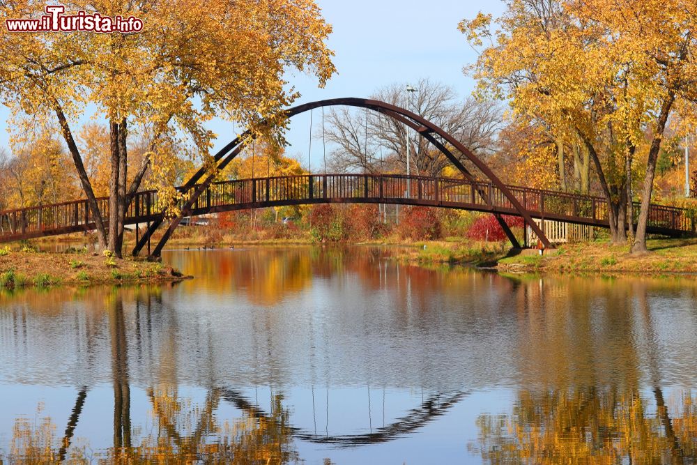 Immagine Un ponte nel parco cittadino di Madison, Wisconsin, con foliage autunnale. I colori dell'autunno si riflettono nel lago Mendota.