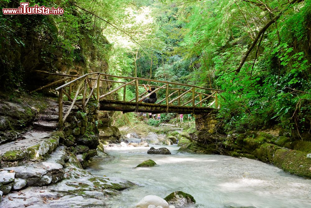 Immagine Un ponticello di legno nella valle dell'Orfento a Caramanico Terme, Abruzzo, Italia. La Riserva Naturale della Valle dell'Orfento si estende su un territorio che sale da 500 a 2600 metri di altitudine.