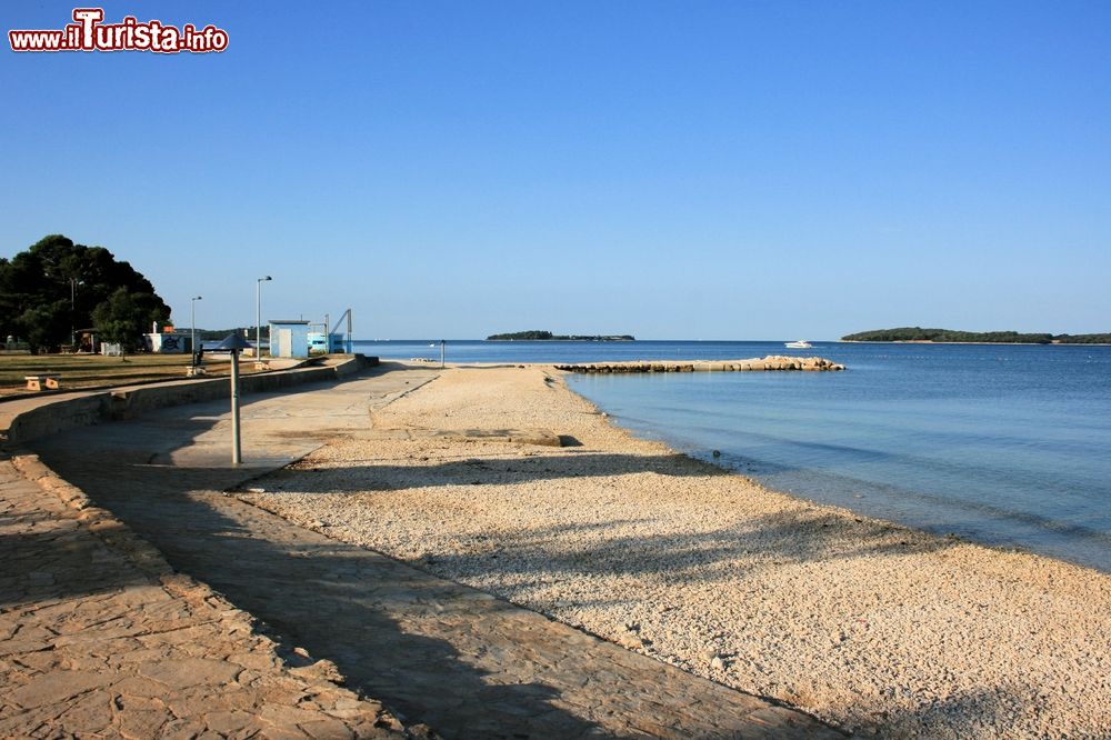 Immagine Un tratto del litorale sabbioso di Fazana, Croazia. Questa località si affaccia sull'omonimo canale ed è protetta dal mare aperto dall'arcipelago delle isole Brioni.