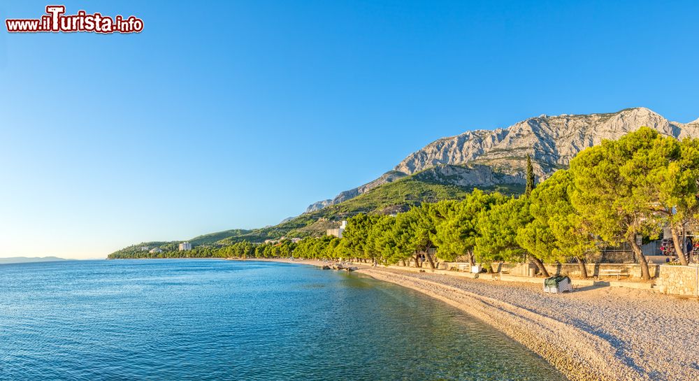 Immagine Un tratto della spiaggia di Tucepi illuminata al mattino dalla luce del sole (Croazia).