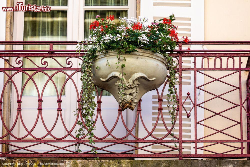 Immagine Un vaso  di ceramica con fiori colorati in un balcone di Beaune, Francia - © Nigel Jarvis / Shutterstock.com