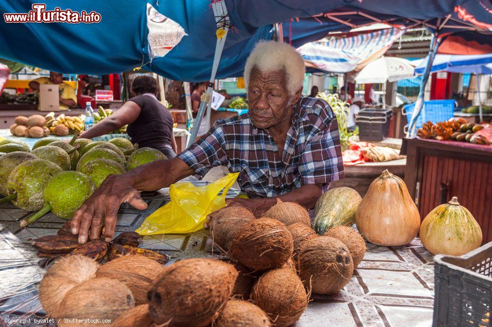 Immagine Un venditore di frutta e noci di cocco al Sir Selwyn Clarke market di Victoria, Mahé: costruita nel  1840, quest'area mercatale è stata rinnovata nel 1999 - © byvalet / Shutterstock.com