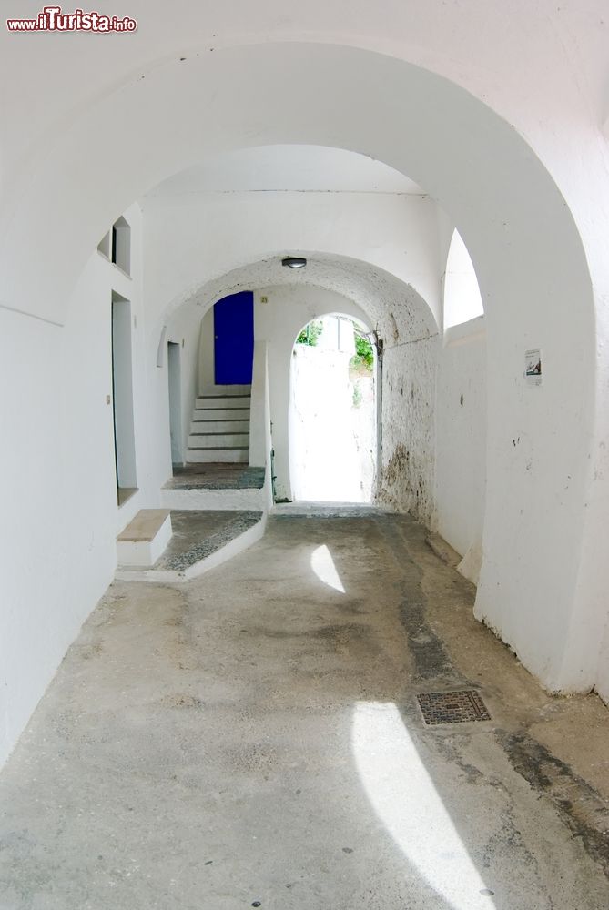 Immagine Un vicolo con la porta blu nella frazione Albori di Vietri sul Mare, Campania, Italia. Questo paesino è il più piccolo di Vietri e per la sua posizione pittoresca fa parte della categoria dei borghi più belli d'Italia. Il suo nome potrebbe derivare dal latino "arbor", albero.