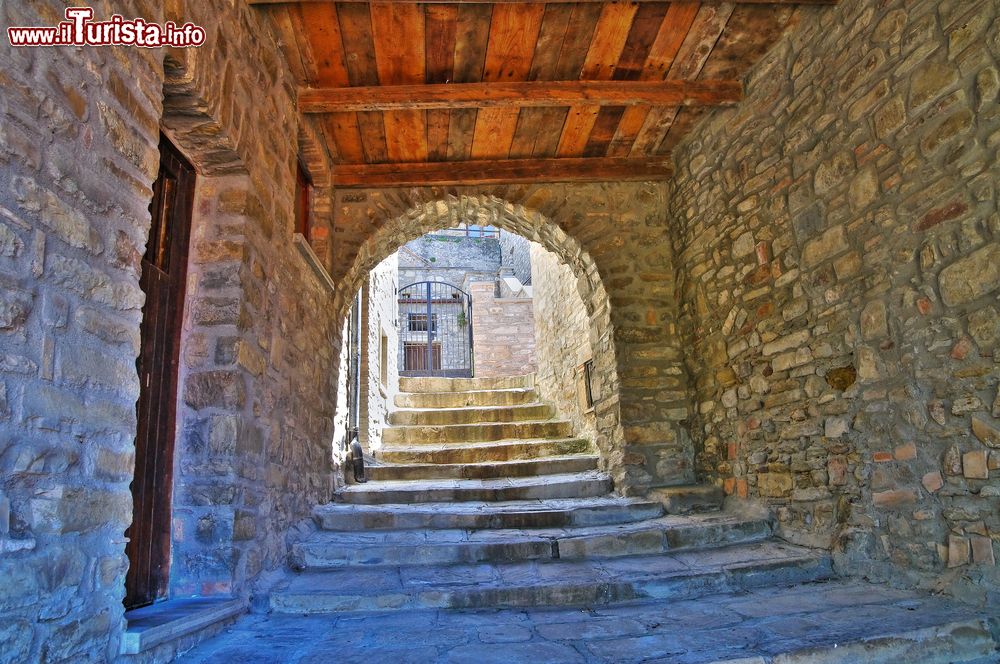 Immagine Un vicolo coperto nel centro storico di Guardia Perticara, Basilicata, con travi in legno nella volta.