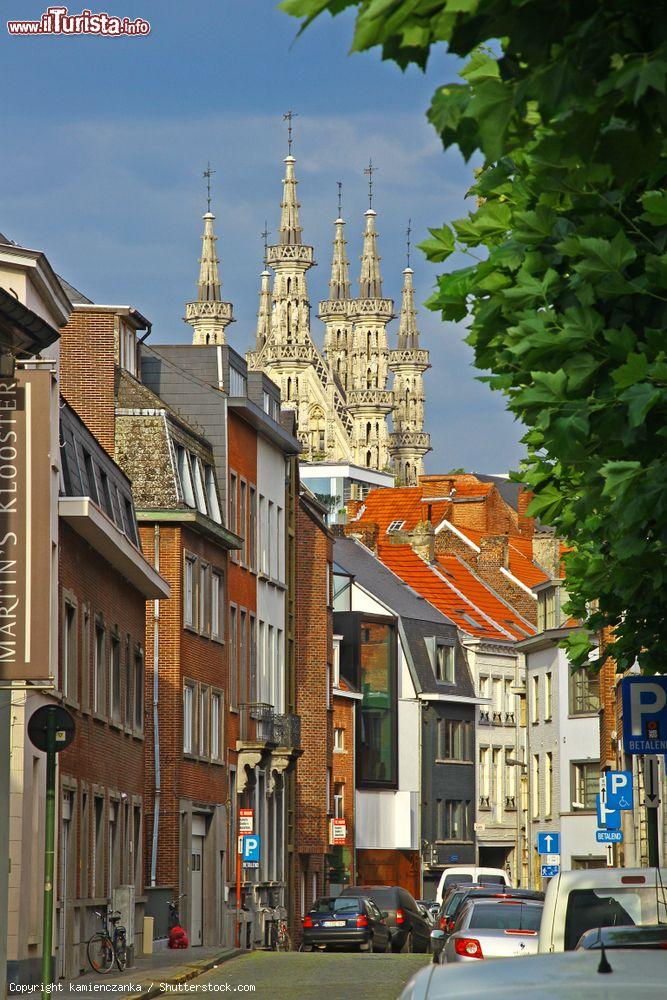 Immagine Un vicolo nel centro storico di Leuven, Belgio. Sullo sfondo, le guglie gotiche del celebre palazzo municipale della città - © kamienczanka / Shutterstock.com