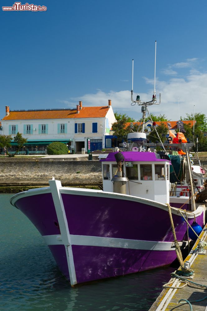 Immagine Una barca al porto di La Cotiniere sull'isola d'Oleron, Francia. Colorato e vivace, questo grazioso porticciolo è uno dei luoghi da non perdere in visita all'isola.
