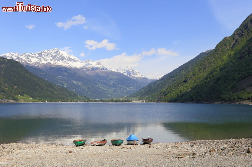 Immagine Una bella spiaggia sul Lago di Poschiavo in Svizzera, siamo vicino al Gruppo del Bernina, nei Grigioni.