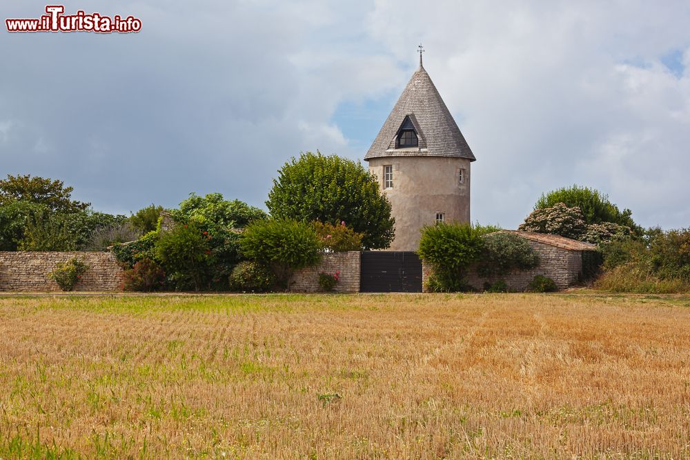 Immagine Una bella torre con il tetto di mattonelle fotografata sull'isola di Ré, Francia. Questa tradizionale casa in stile francese è immersa nella natura.