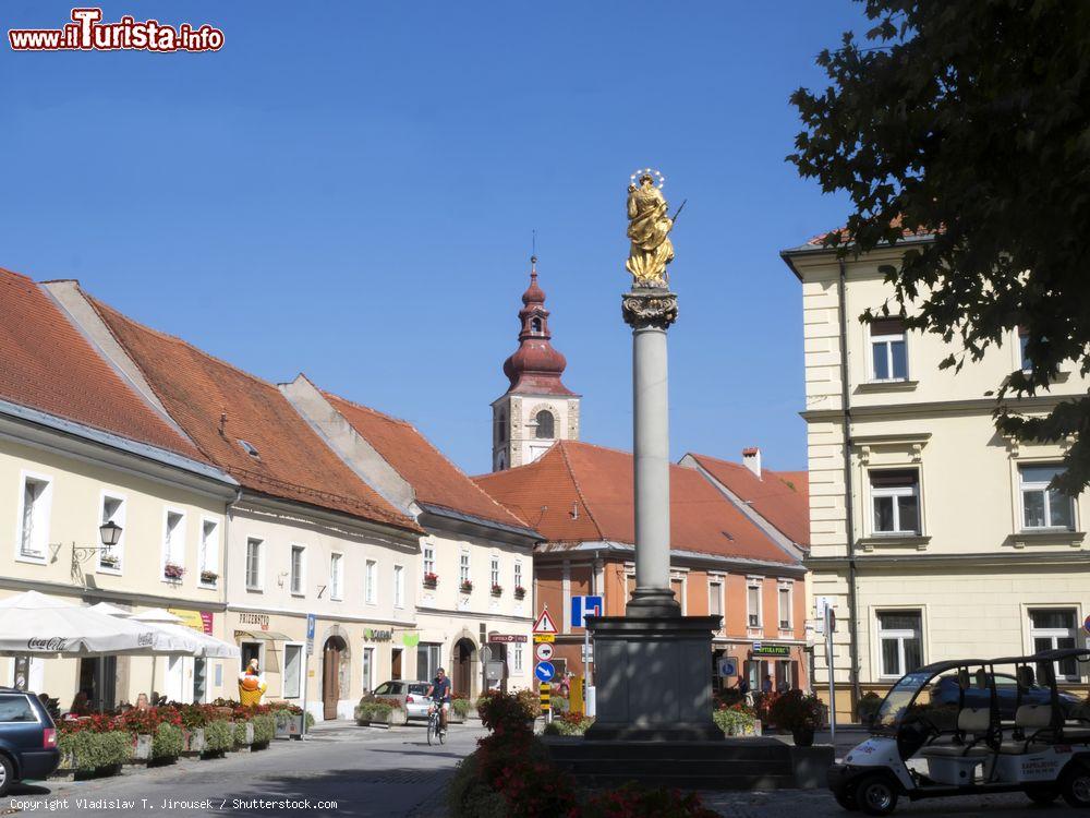 Immagine Una colonna nel centro cittadino di Ptuj, Slovenia. Sulla sommità si erge una grande statua dorata - © Vladislav T. Jirousek / Shutterstock.com