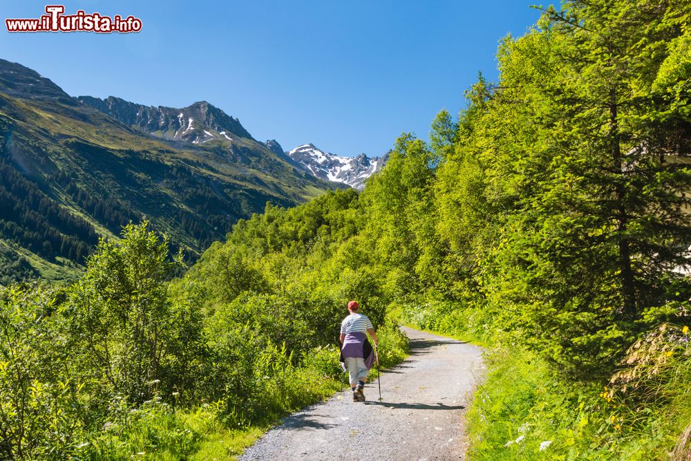 Immagine Una donna passeggia su un sentiero della valle Jamtal vicino a Galtur, Austria. Questa bella vallata è una lunga valle laterale della Paznaun che si estende da Galtur sino alle cime ghiacciate Jamspitzen al confine con l'Engadina.