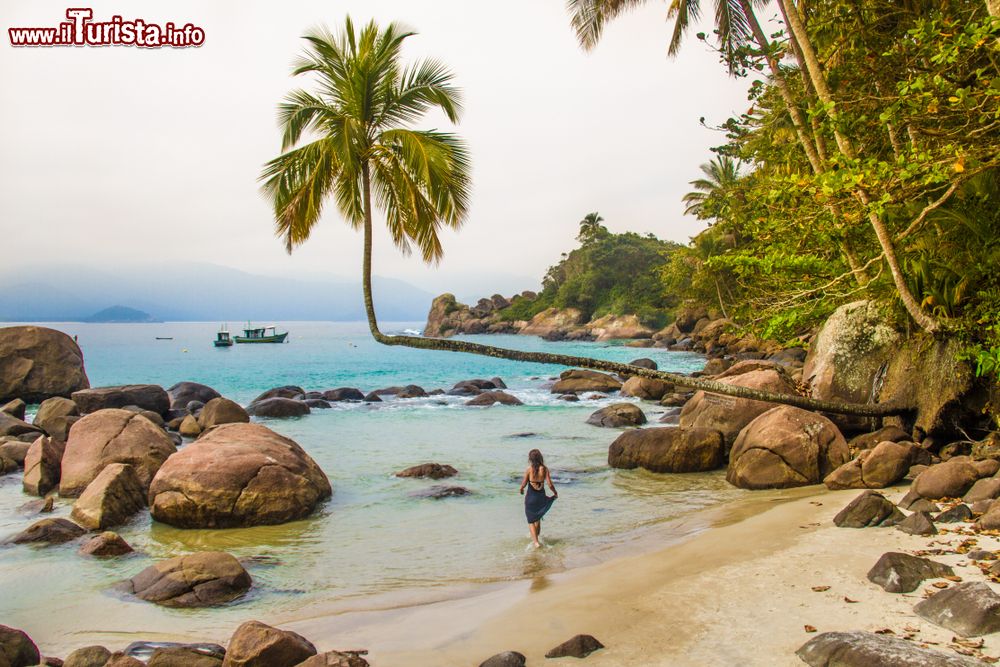 Immagine Una donna si rinfresca nelle acque dell'oceano su una spiaggia di Ilha Grande, Brasile.